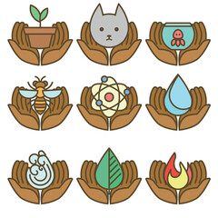 Vector icons with hands holding symbols of nature, science, and conservation in a clean, modern style