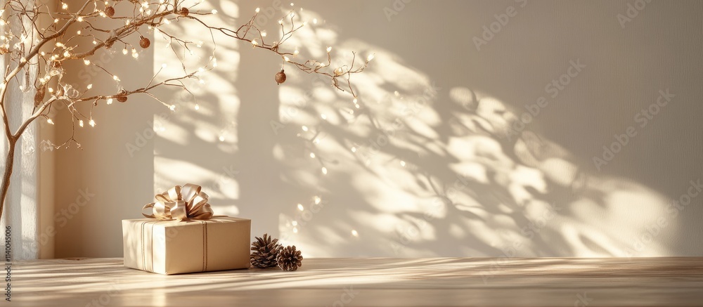 Poster cozy christmas scene with illuminated branches and a gift box on a light backdrop creating a warm an