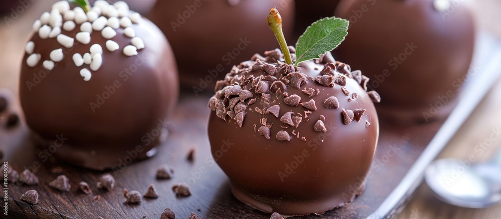 Poster chocolate covered apples with toppings on rustic wooden table in a delicious dessert display