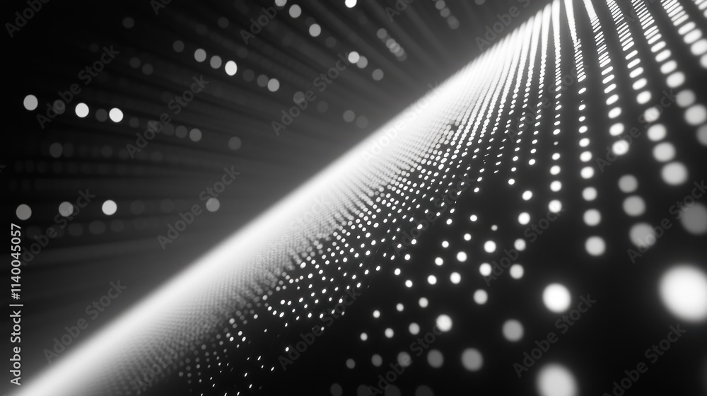 Leinwandbilder Abstract black and white image featuring a pattern of dots and light rays creating depth.