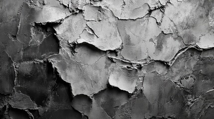 Naklejka premium Cracked cement wall texture in grayscale showing intricate patterns and peeling surfaces for backgrounds or design projects.