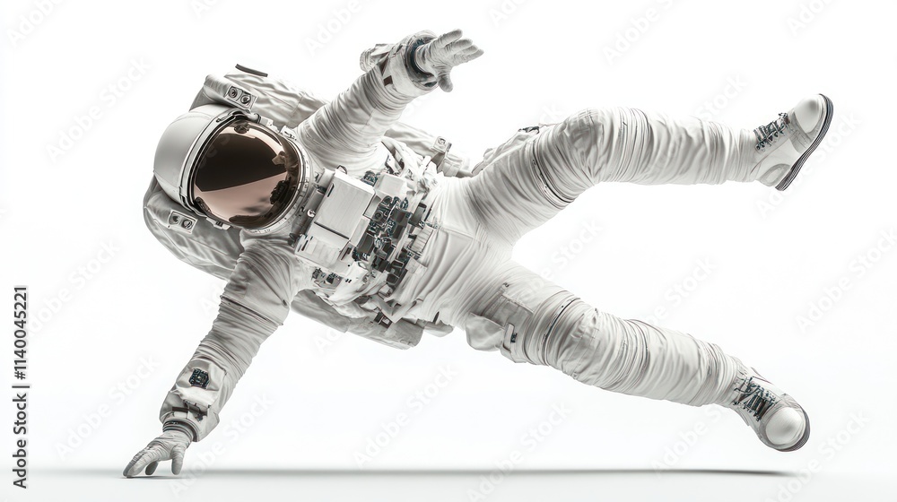 Poster a floating astronaut in a space suit, emphasizing weightlessness and exploration.
