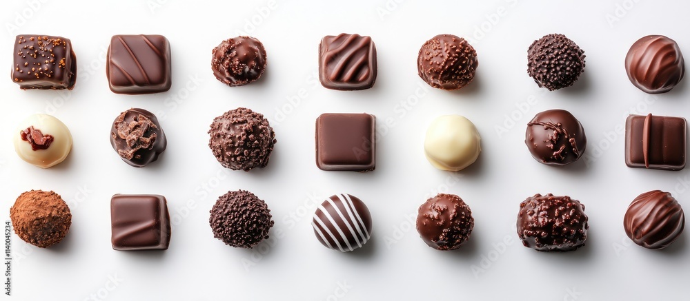 Poster assorted chocolate candies arranged neatly on a clean white background showcasing various textures a
