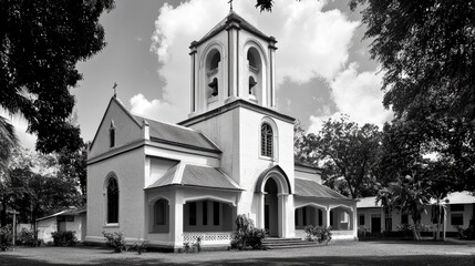 Colonial Church Architecture Historical Structures in Monochrome Landscape
