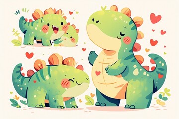 Obraz premium Cute cartoon dinosaurs expressing joy and affection in a playful setting.