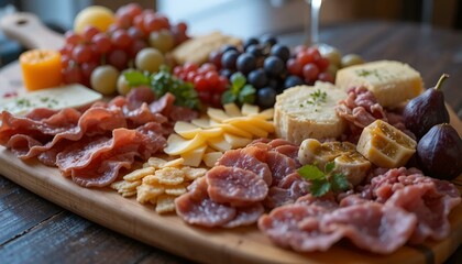 Elegant charcuterie board featuring assorted meats, cheeses, fruits, and nuts on a wooden serving platter