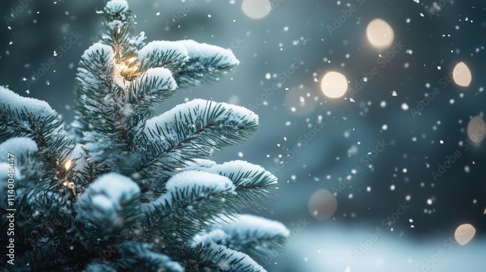 Poster snow-covered christmas tree with warm glowing lights creating a cozy winter atmosphere during snowfa