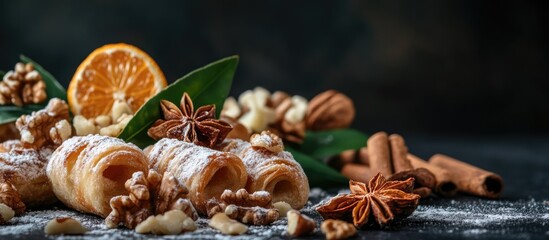 Cavallucci traditional pastries with anise orange peel walnuts and spices on a dark backdrop with space for text and decorations