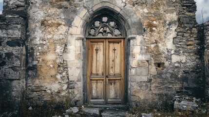 Fototapeta premium Ancient church ruins featuring a weathered wooden door framed by crumbling stone walls showcasing historical architectural details
