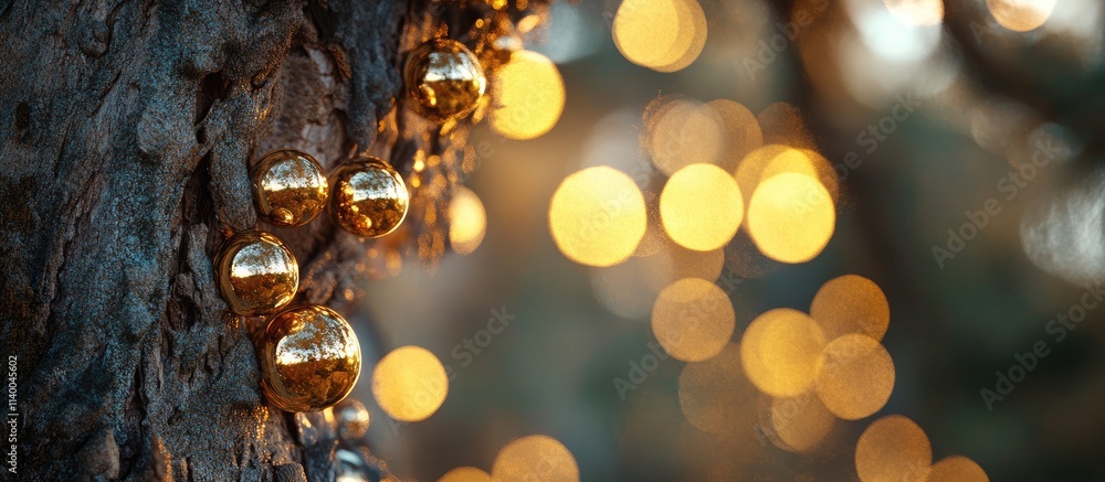 Poster golden orbs on a tree trunk with blurred bokeh garlands creating a warm festive atmosphere for holid