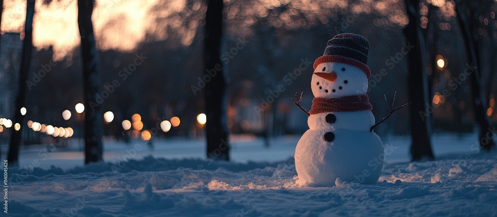 Poster cheerful snowman illuminated by evening light in a snowy park surrounded by trees and bokeh lights c