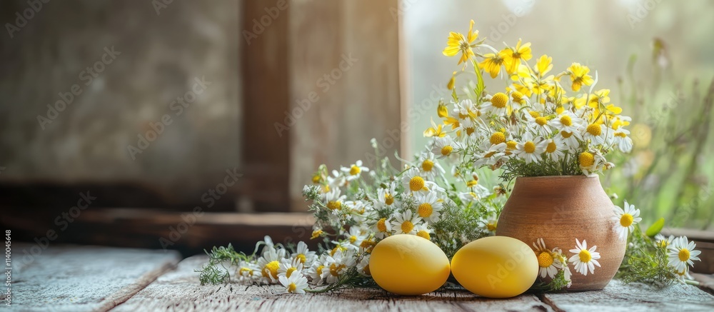 Poster easter table display with yellow eggs and fresh chamomile flowers in a rustic setting capturing spri