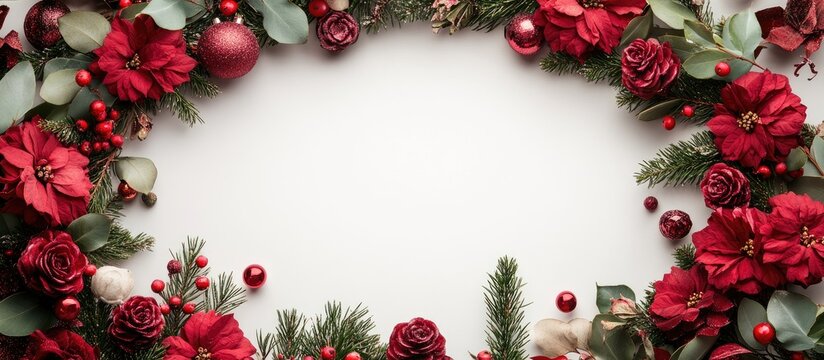 Festive Christmas wreath with rich red florals and greenery creating a contemporary backdrop perfect for personalized holiday greetings