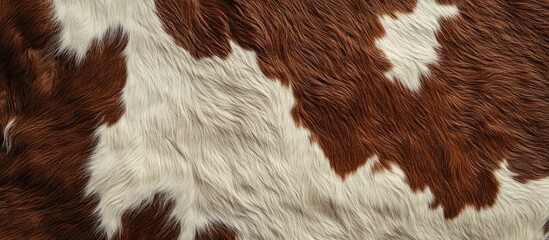 Close up texture of cowhide featuring rich brown and white patterns ideal for backgrounds and textile design applications