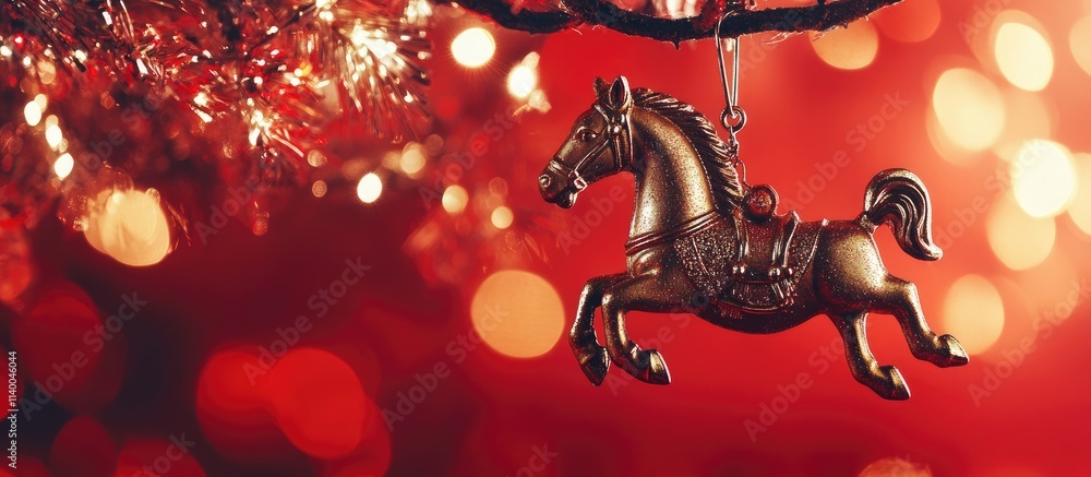 Poster rocking horse toy ornament hanging from a tree branch with red bokeh lights creating a festive chris