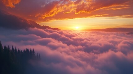 Fototapeta premium Stunning sunset over a valley filled with clouds viewed from a hilltop surrounded by lush trees and dramatic mountain silhouettes.