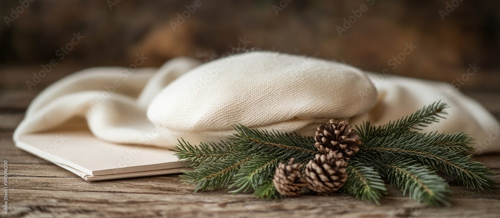 Poster christmas setting with fir branches cones and a notepad on a rustic wooden background ideal for fest