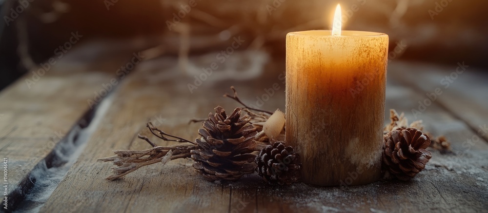 Poster rustic christmas candle on wooden planks surrounded by twigs and pine cones creating a warm festive 