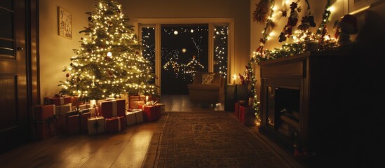 Obraz premium Cozy Christmas living room adorned with a decorated tree gifts and warm bokeh lighting creating a festive holiday atmosphere