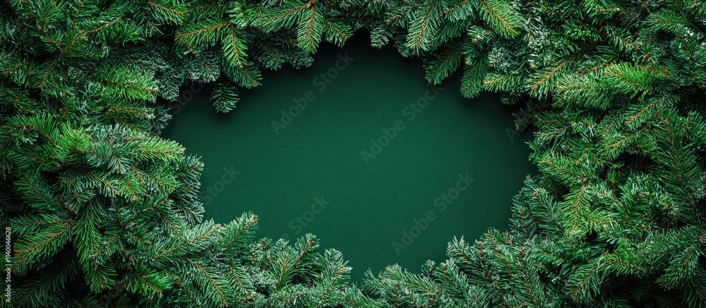 Poster christmas wreath made of evergreen branches on a green backdrop featuring empty space for text in a 
