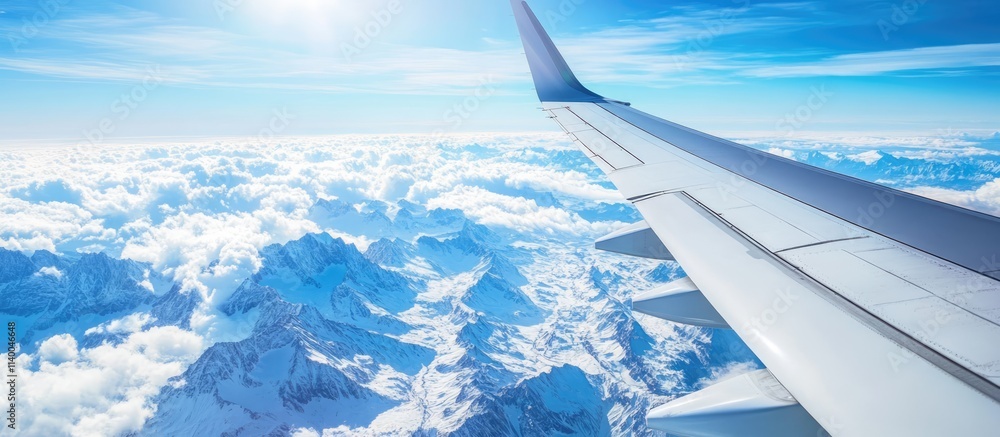 Poster scenic view of snow capped alps mountains and clouds from an airplane window capturing breathtaking 