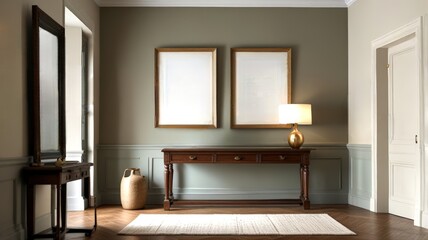 A sophisticated entryway with a wooden console, a large mirror, and soft lighting, featuring neutral hues and minimalist decor for a refined and welcoming atmosphere