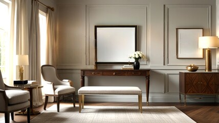 A sleek, modern sitting area with neutral tones, featuring minimalist decor, elegant chairs, and a stylish console table, promoting a calm, serene environment.