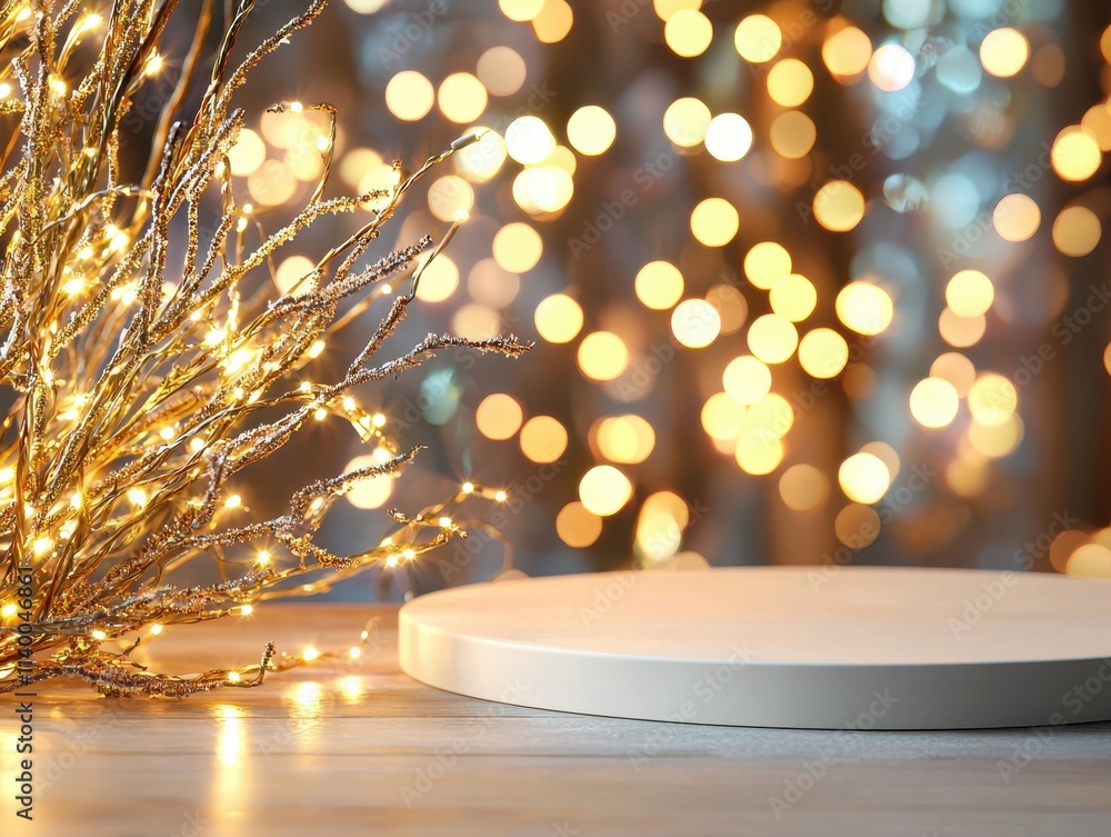 Poster festive background with soft lights and simple white display surface for products