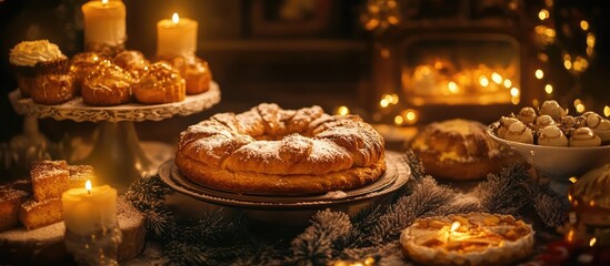 Naklejka premium Cozy Christmas pastries and festive lights creating a warm holiday atmosphere in a beautifully decorated setting.