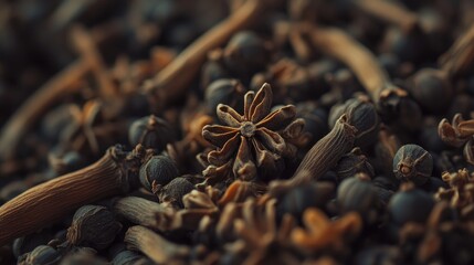 Dried spices including star anise and cloves arranged in a rich textured background for culinary and aromatic use