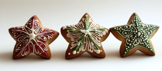 Obraz premium Gingerbread star cookies beautifully decorated with festive icing patterns for Christmas celebrations and holiday traditions