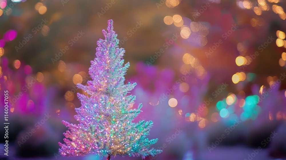 Poster festively decorated christmas tree illuminated by colorful bokeh lights creating a warm and cheerful