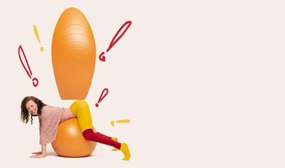 Cheerful woman balancing on orange exercise ball with exaggerated exclamation marks for creative, playful mood. Modern pop-art style. Concept of sport, health care, awareness. Copy space for ad, text