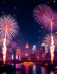 Spectacular Fireworks Light Up the Night Sky Over a Vibrant Cityscape