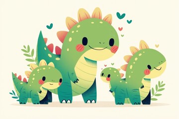 Naklejka premium A cute family of cartoon dinosaurs with cheerful expressions and greenery.