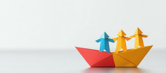 Naklejka premium Colorful paper boat with origami figures representing creativity and playfulness.