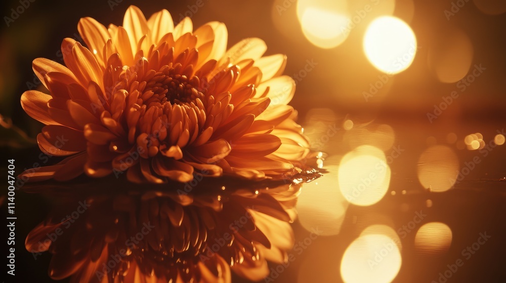 Aufkleber chrysanthemum flower reflecting in water with warm light creating a serene and ethereal atmosphere i