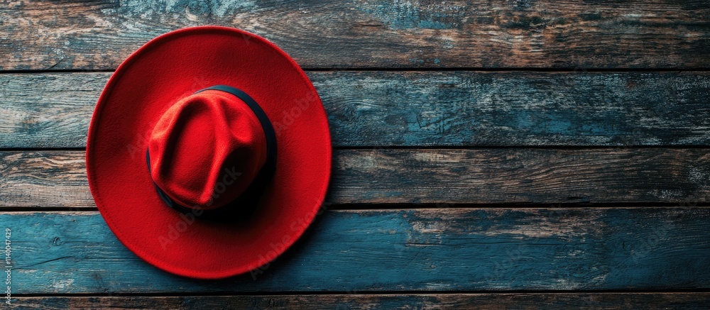 Poster close up view of a vibrant red hat positioned on a rustic wooden surface highlighting texture and co