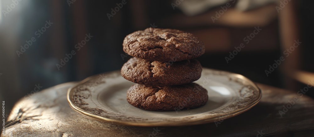 Poster gingerbread cookies stacked on an antique plate with soft lighting creating a warm and inviting atmo