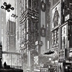 Futuristic Cyberpunk Cityscape in Black and White, Detailed View	
