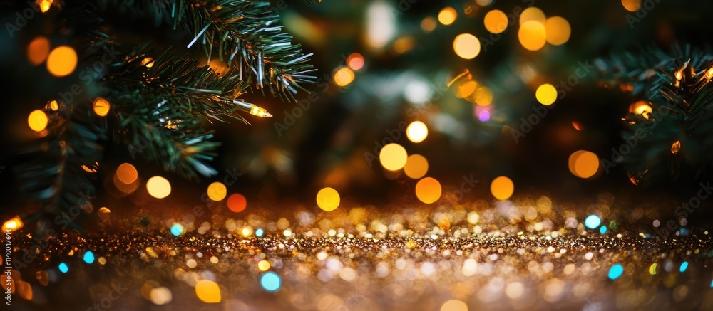 Poster glittering christmas background with multicolored bokeh lights and festive decorations creating a wa