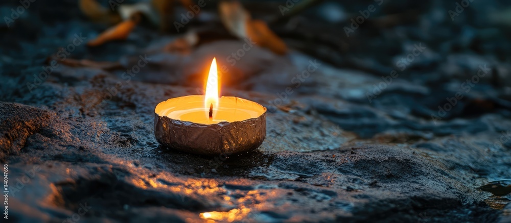 Poster candle flame illuminating shale surface in tranquil natural setting creating a serene and calming at