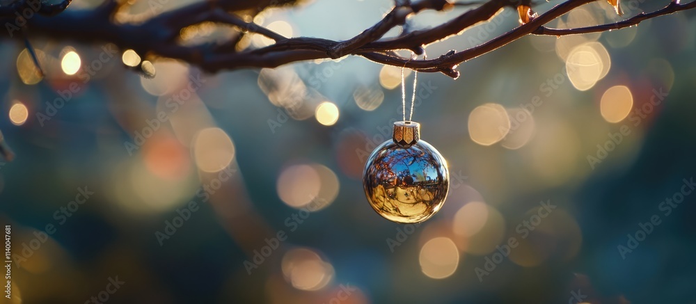 Aufkleber closeup of a shimmering bauble hanging from a festive tree adorned with bokeh lights creating a magi