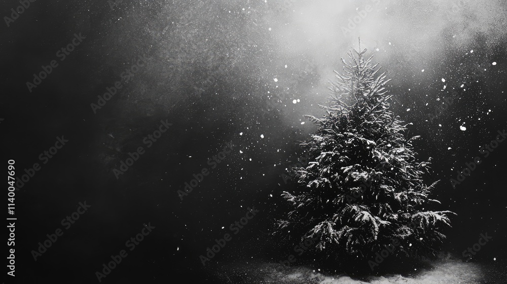 Poster elegant snow-covered christmas tree in a serene black and white winter setting with soft falling sno