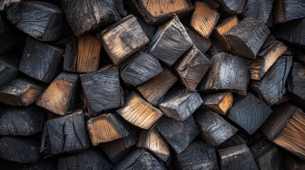 Fototapeta premium Textured background of decaying tree trunk wood pieces arranged in a rustic pattern suitable for nature or environmental themes