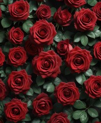 Obraz premium Deep red roses fill frame, lush velvet texture, floral background, rose bush, flower