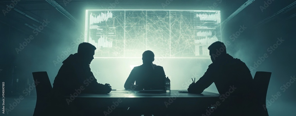Poster A group of individuals discussing data in a dark room with a large screen displaying information.