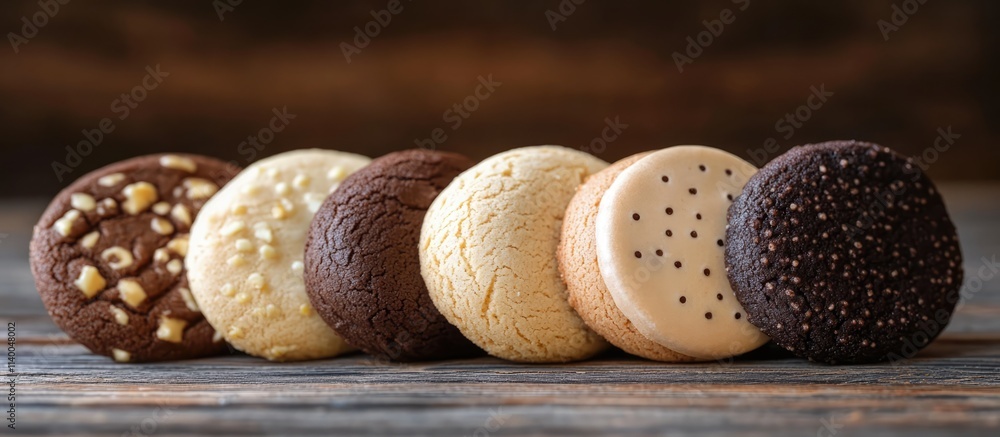 Poster assorted gourmet cookies displayed on a rustic wooden surface showcasing texture and variety in flav