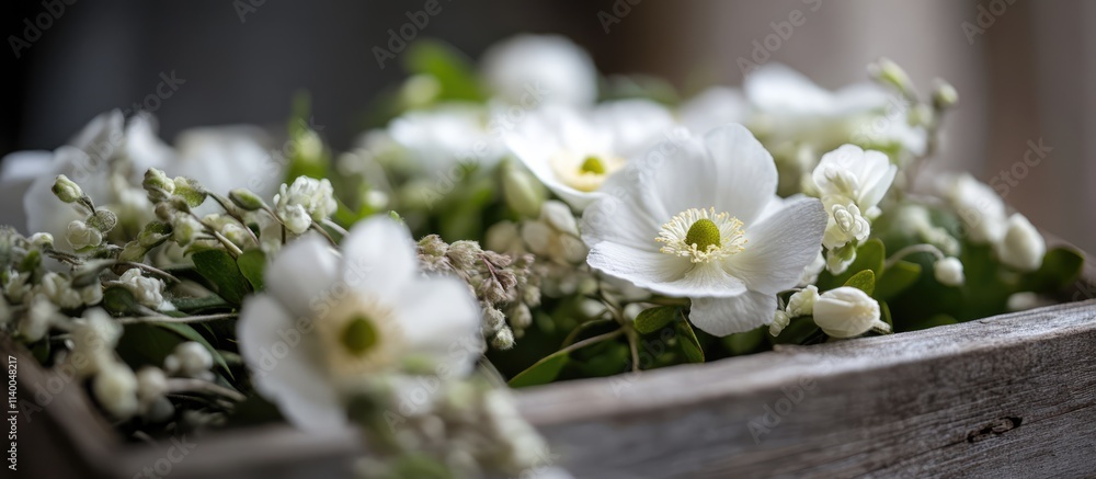 Poster close up view of delicate white flowers arranged in a rustic wooden box with greenery creating a ser