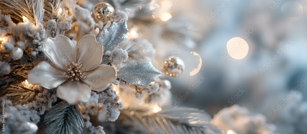 Aufkleber close up of festive tree decorations with sparkling lights and a soft bokeh background creating a wa